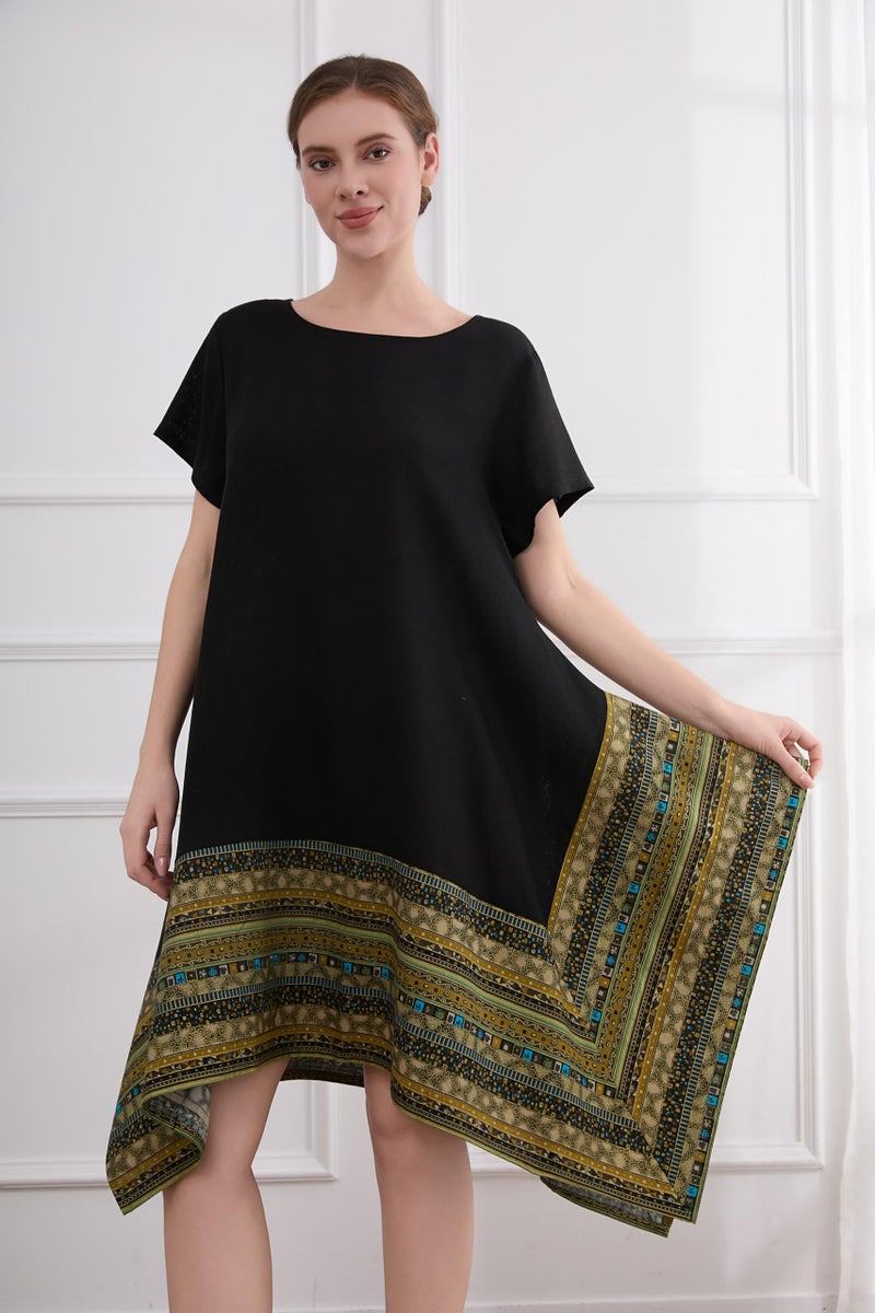 Minibee Women's Ethnic Cotton Linen Short Sleeves Irregular Tunic Dress (2XL, Black) - Image 2